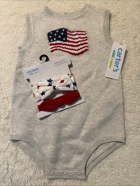 Carter's Light Gray Knit Sleeveless Onesie with Red & Navy Flag. & 2 Headbands
